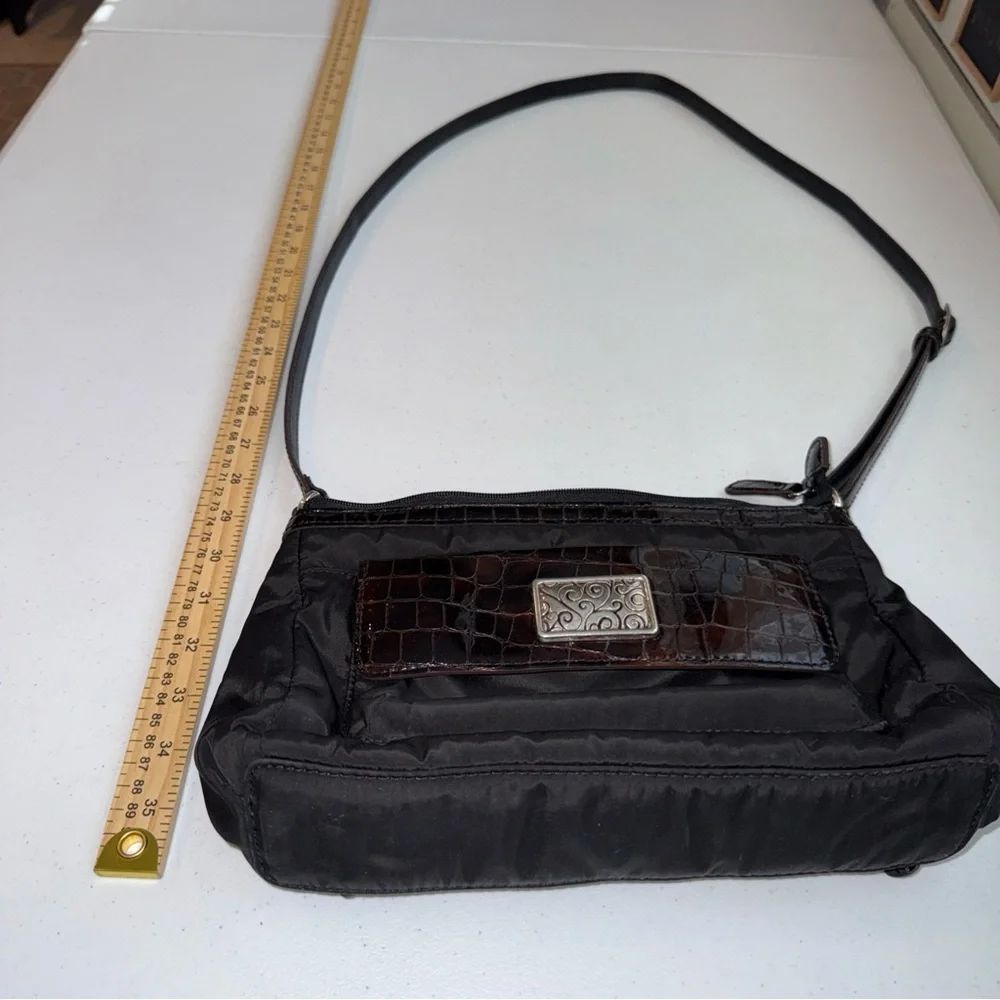 Brighton‎ Black Nylon Croc Embossed Leather Crossbody Bag F174135 Brown Trim